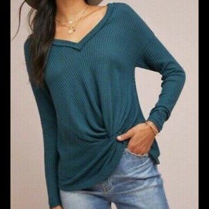 Anthro Akemi Kim Green Forest Knit V Neck Knotted Sweater Top M
